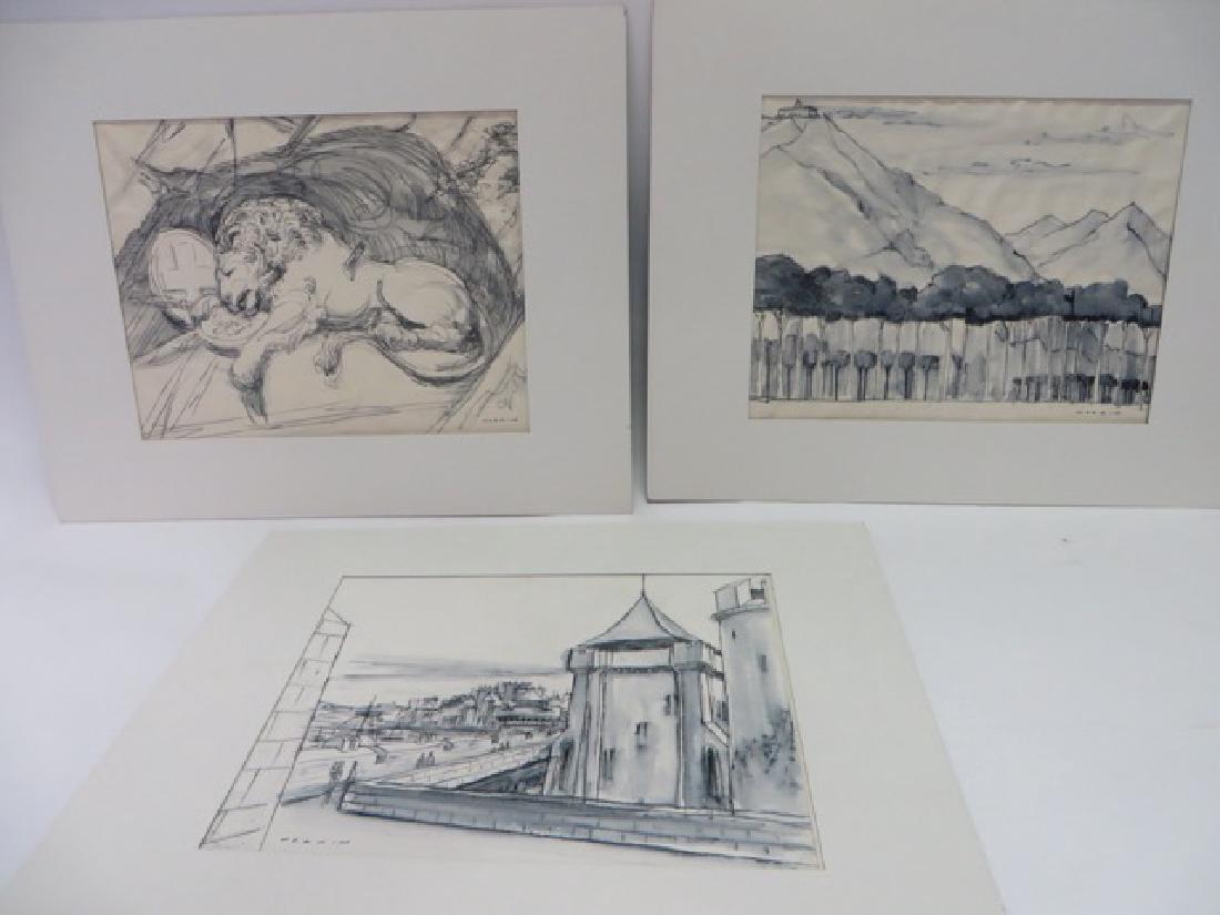 Sam Norkin Watercolors Signed (3): Switzerland, The Lion of Lucerne, Park Statue; France, St. Malo, The Wall and Italy, Monte Cassino . All signed. All in mats. All 10: x 13" (image)
