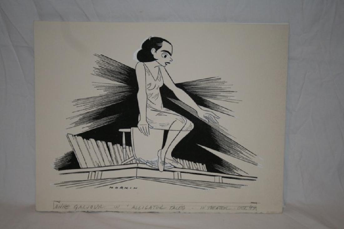 Sam Norkin Pen and Ink Illustration Sgd: Signed Norkin. Anne Galjour in Alligator Tales, in Theater, Oct. '97. With typed information at the reverse that reads: Alligator Tales - Anne Galjour creates a cast of characters set in the Louisiano