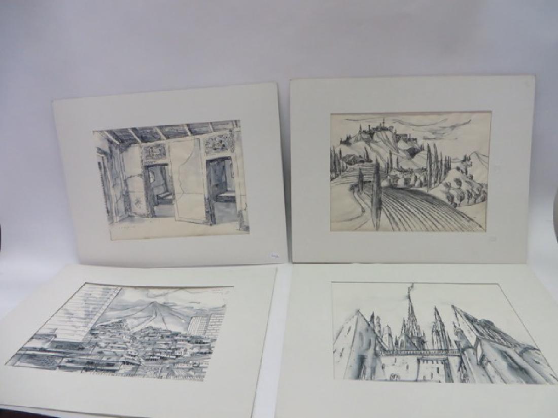 Sam Norkin Watercolors. Signed. (8): All European Scenes of Italy, France and Switzerland including children feeding the gulls on the Lake Lucerne ferry; a Norman castle in France; Mont St. Michel; a brothel in Pompeii with erotic scenes