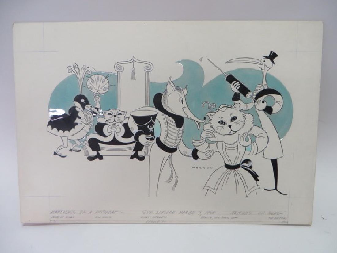 Sam Norkin. Heartaches of a Pussycat: Original pen and ink for The Sun Leisure March 9, 1980 Signed Norkin.