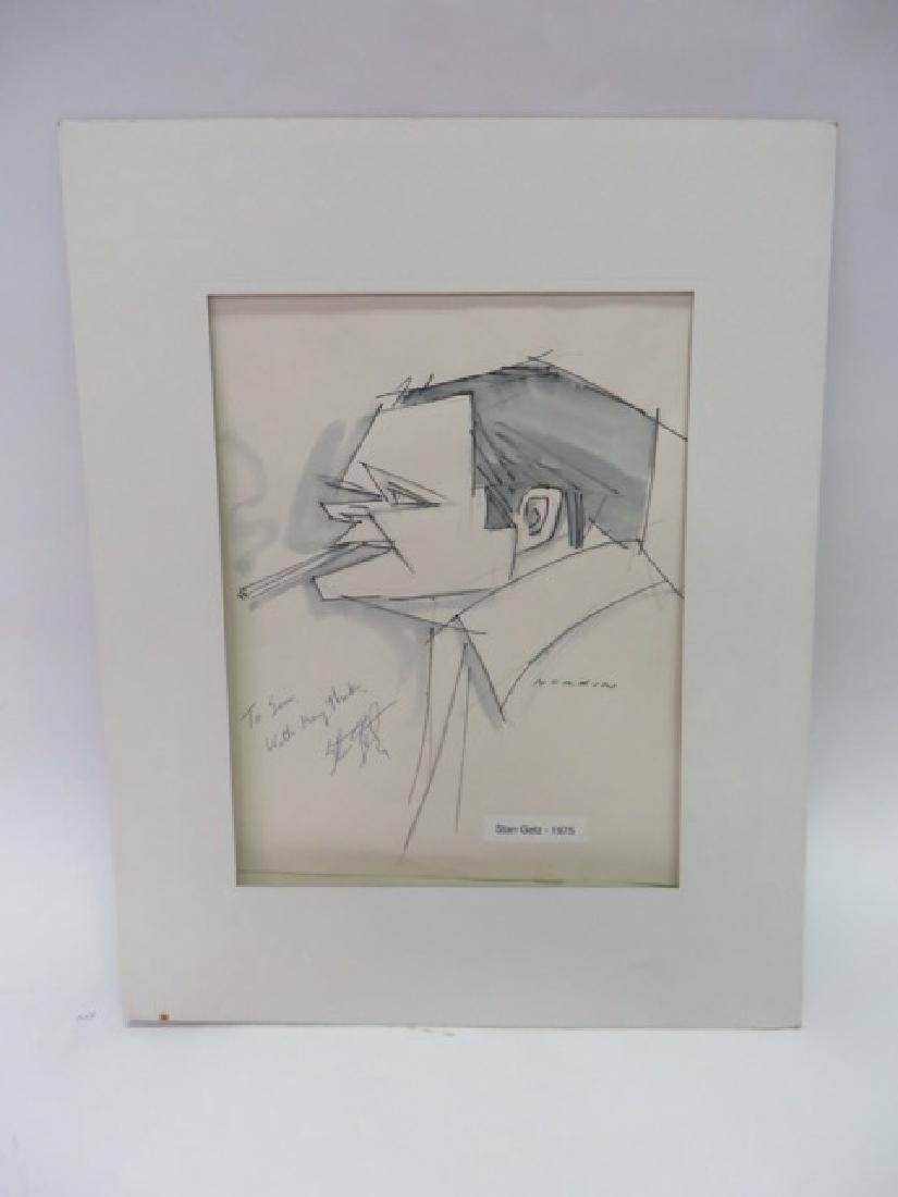 Sam Norkin. Stan Getz. Signed: Original pen and ink illustration. Signed Norkin. Autographed " To Sam With Many Thanks. Stan Getz. 1975 13 x 11