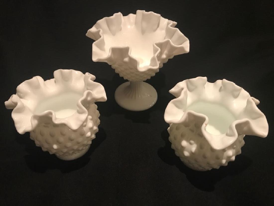 Vintage Fenton Hobnail Milk Glass Vases (3): All are ruffled; One is pedestalled and can hold a tapered candle. 4-1/2" h.; 5-1/4" h.; 4-1/2" h