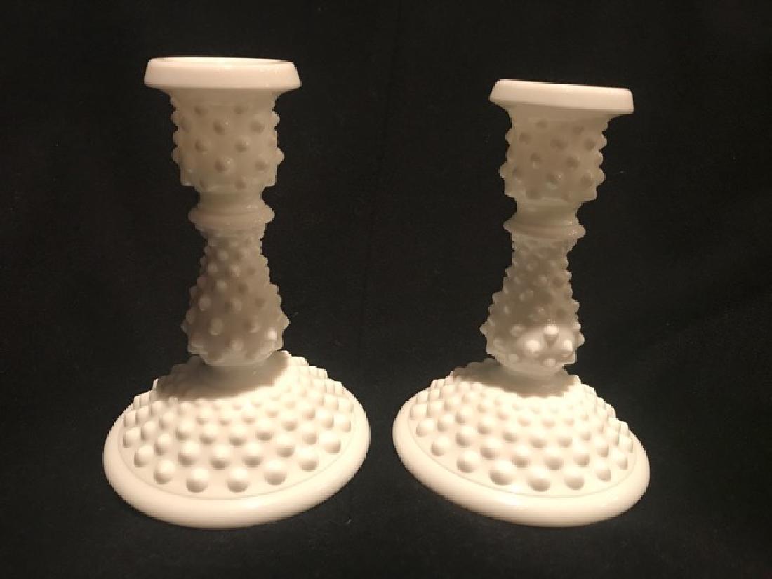 Pair Vintage Fenton Hobnail Milk Glass Candlesticks (1 of 1)