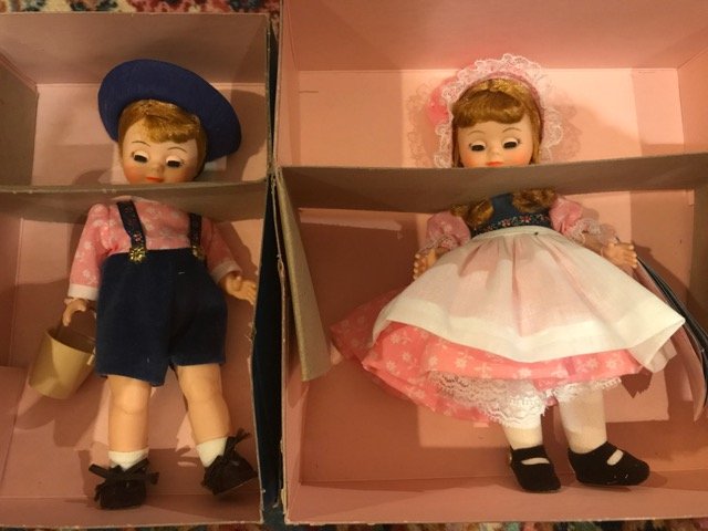 Madame Alexander Jack and Jill Dolls: Two MA dolls - Jack and Jill. Both NIB. 8" high