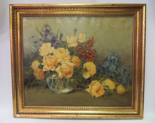 Carle J Blenner Floral Still Life: 25"H x 30"W, signed lower right. Very good to excellent condition.