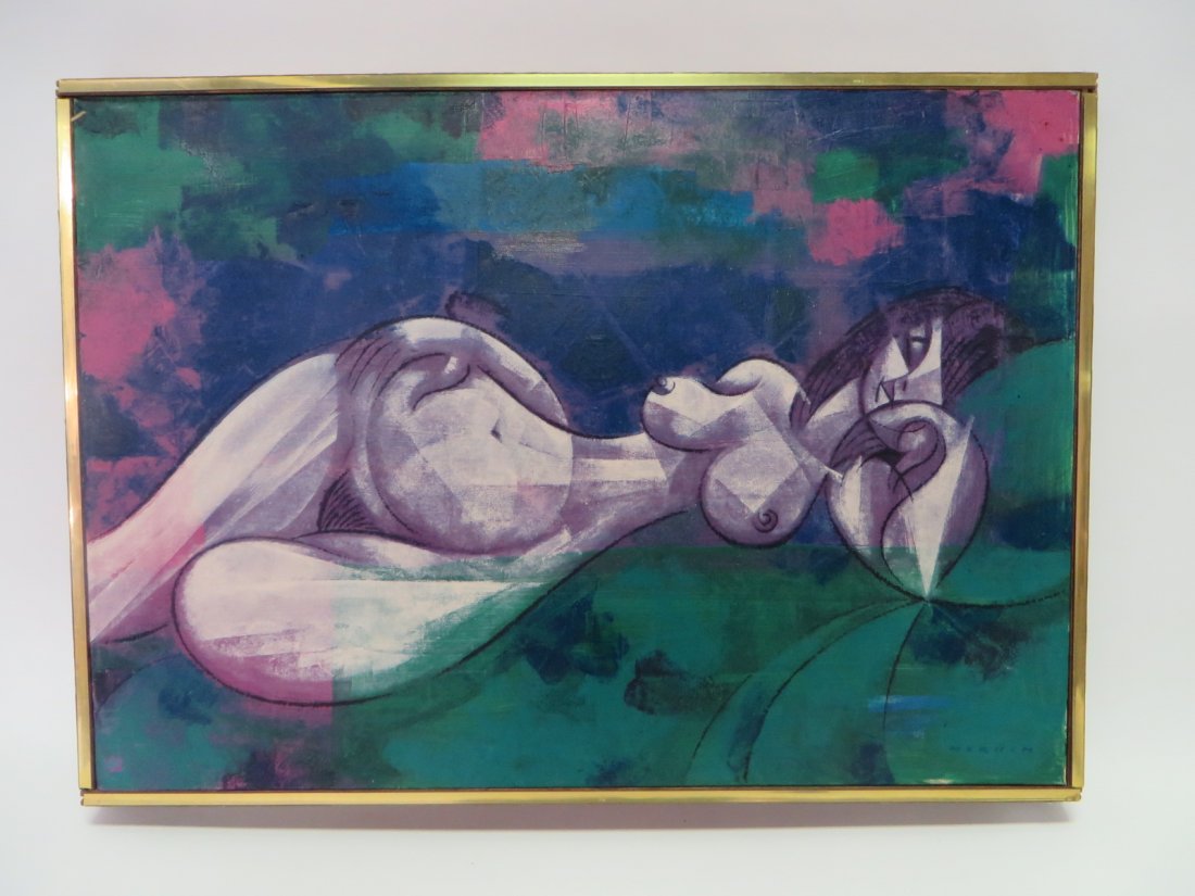 Sam Norkin. Oil on Canvas. Nude: Abstract Expressionist rendition of a nude in purple and greens. Signed upper right. 21"H. x 15"W.