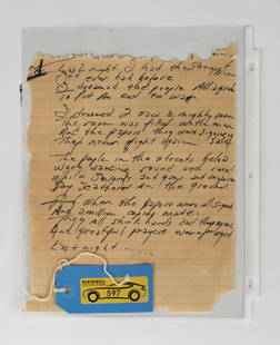 Johnny Cash "Last Night ... Strangest Dream" Lyrics (2): "Last night I had the strangest dream I've ever known before. I dreamed that all the world agreed to put an end to war......" On yellow, blue-ruled paper ripped on two sides are Johnny Cash's handwrit