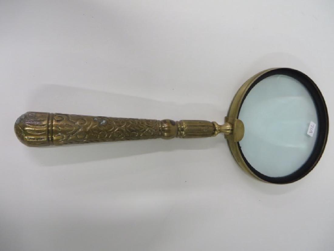 Monumental Magnifying Glass: Repoussed fancy "gold" handle. 15"L