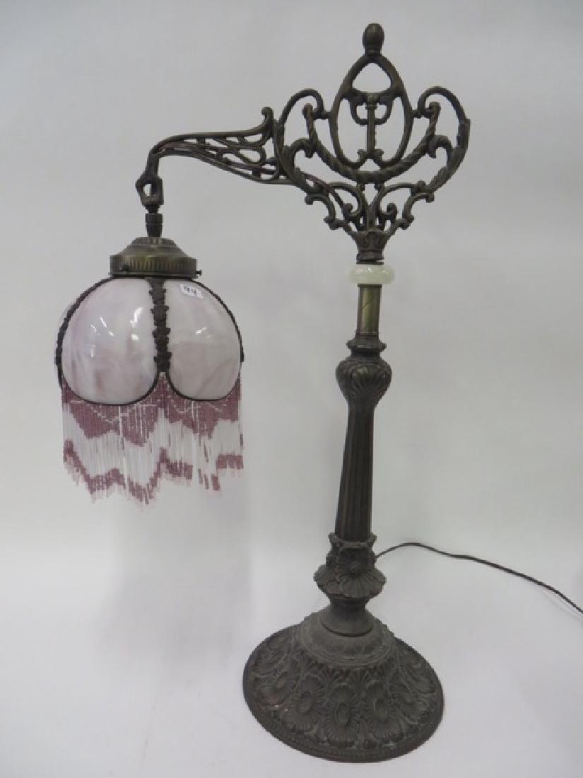 Slag Glass Piano Lamp, Wrought Iron Base: Paneled slag glass shade with glass beaded fringe on a fancy filigreed wrought iron base. 28"H.