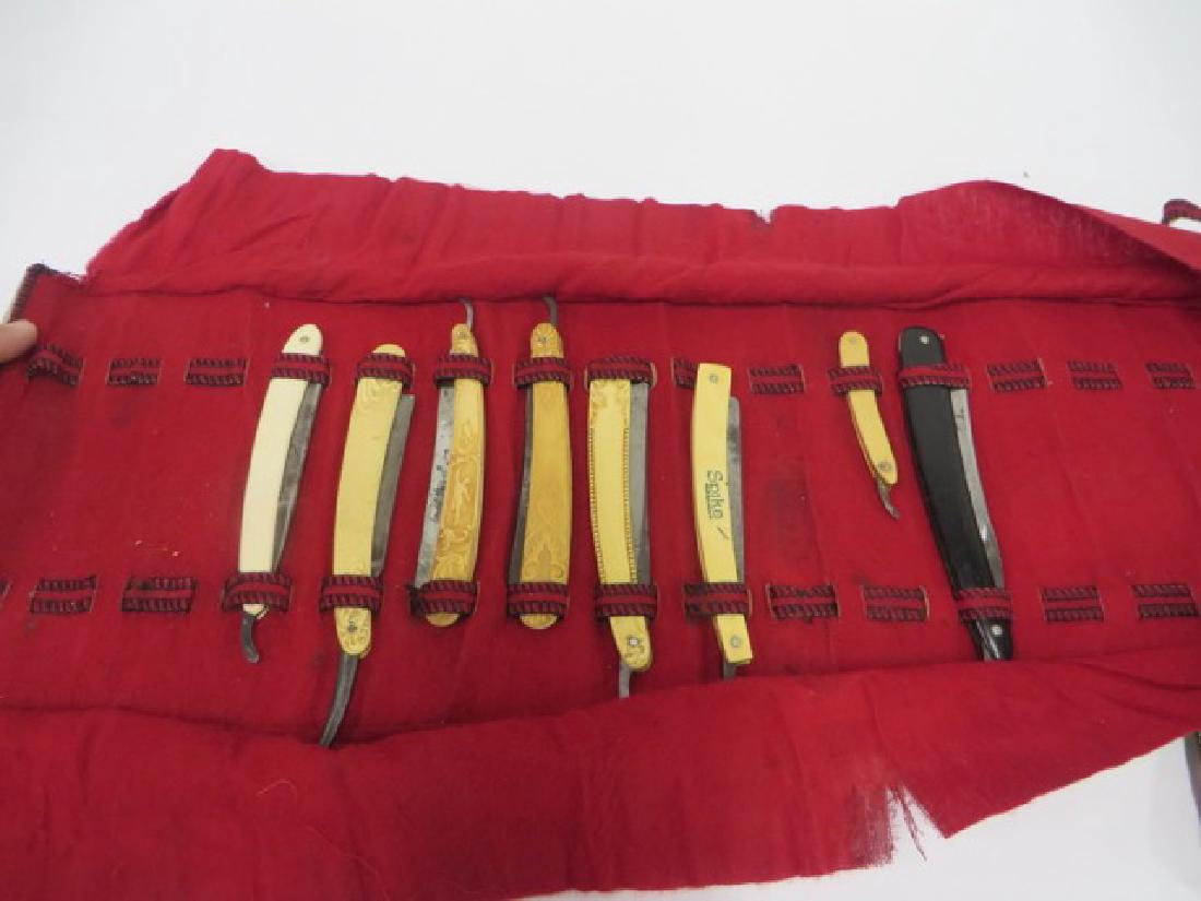 Collector's Lot of Straight Razors (8): The lot includes ivorine, bakelite, ebony, etc and features a high relief depiction of a "flying" classical figure; a Spike razor, three additional high relief decorated and 3 others as depicted in th