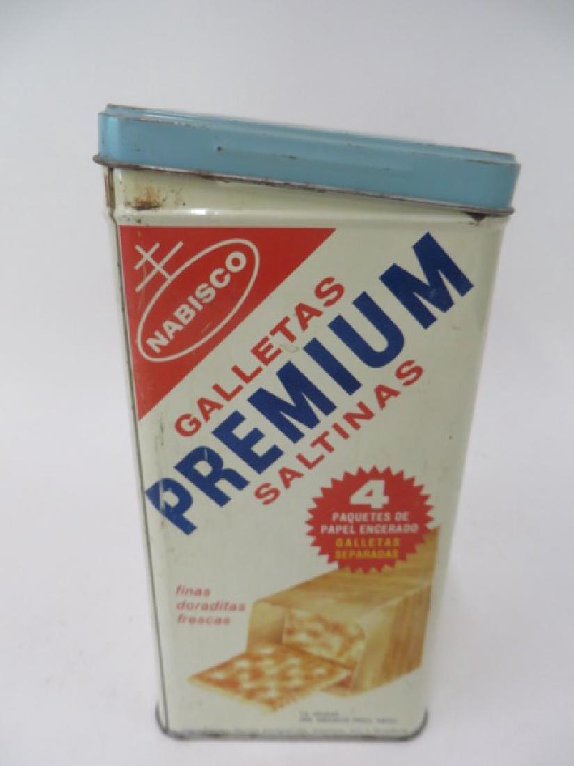 Nabisco Crackers Tin: Nabisco Saltine Crackers tin, 3 sides in English and 1 in Spanish. National Biscuit Company. General Office New York, NY. Made in USA. 8 1/2 " H x 5" W.