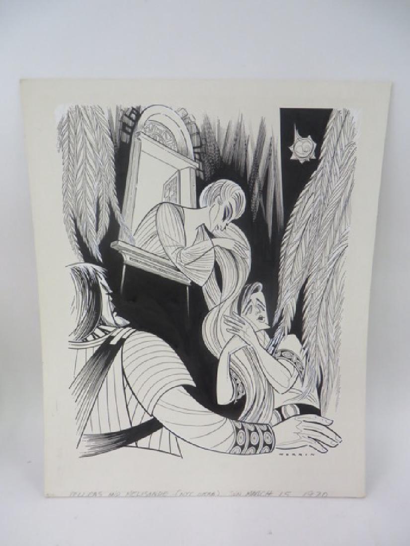 Sam Norkin. Pen and Ink Illustration Sgd.: Pelleas Melisande. New York City Opera. March 15, 1970. Sgd. 21 1/2" x 17 1/4"