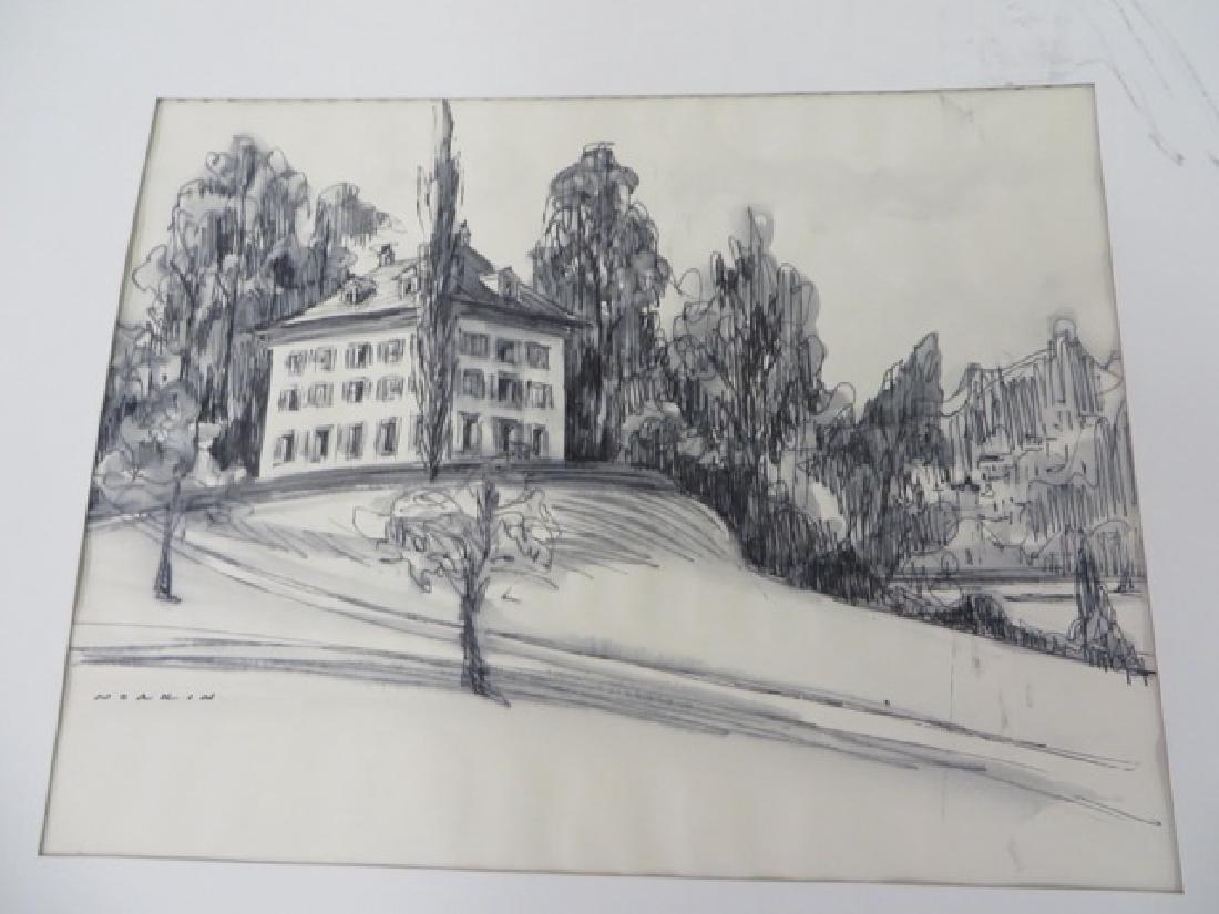 Sam Norkin Original Illustration Sgd.: Pen and ink with Wash. House on a hill. Signed. Matted. 10" x 13"