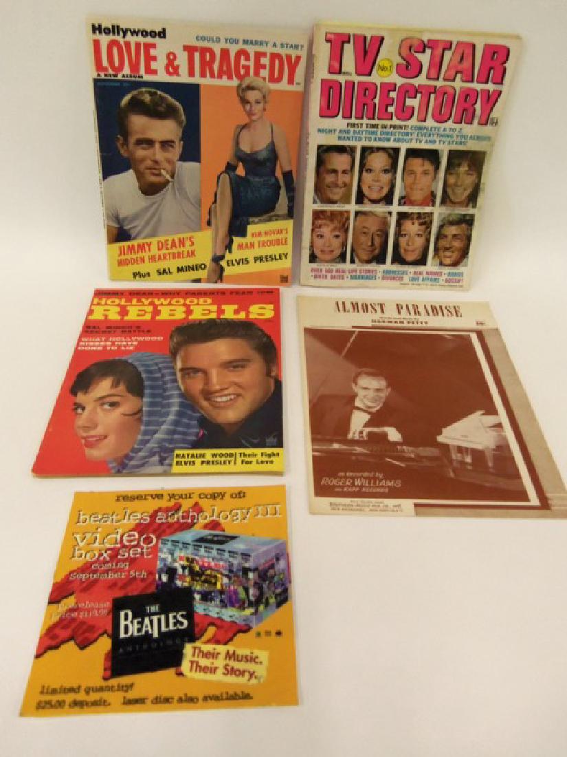 1956-57 & Later Ephemera. Elvis. Beatles. Dean: A collectible lot of ephemeraincluding 1956 and 1957 Elvis and James Dean items. Included is an advertisement for Beatles Anthoology III; A No. 1 TV Star Directory; Almost Paradise sheet music as rcor