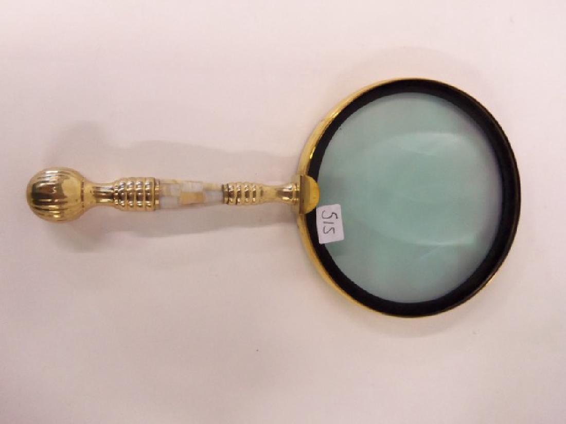 Monumental Magnifying Glass: Mother of Pearl and fancy brass handle. 12"L