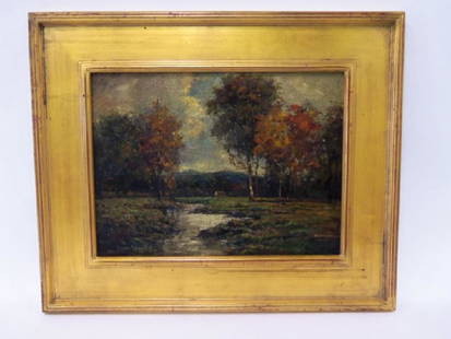 Julian Onderdonk. Landscape. Sgd.: Oil on board. Fall foliage landscape. Signed L. R. Julian Onderdonk. Framed. 12"H. x 16"W