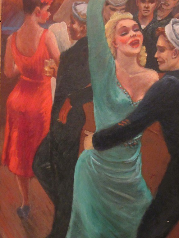 oil on canvas sailors and ladies dancing in bar: Fabulous oil on canvas. sailors and ladies dancing in bar unsigned. Looks like it be Albert Pels. Measures 30" x 24"w800-