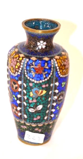 Antique Chinese Cloisonne Vase: Cobalt ground. Multi colored decoratons