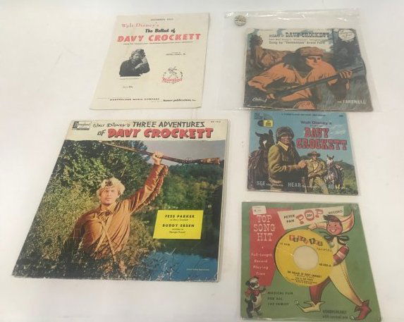 Davy Crockett Collectibles (6): A lot of Davy Crockett Collectibles to include Ballad of Davy Crockett, From Walt Disney's "Disneyland" television show, sung by Tennessee Ernie Ford; an S. S. Kresge Co. Davy Crockett Indian Scout pi