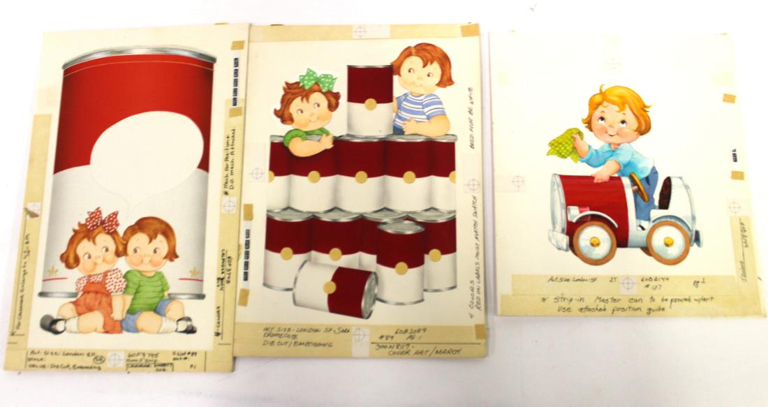 Campbell Soup Original Advertising Watercolors (3): One marked Cover Art for March. Artist perhaps Sara Kromecote. Varying sizes. Three in the lot. 9 1/8"H. x 5 3/4 W. to 7 1/4"h. to 6 1/2"W.