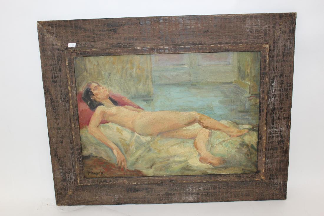 M. Soyer. Oil. Reclining Nude. Signed: Oil on board. Reclining nude. Signed L. L. M. Soyer. Carved wooden frame. 14 1/4" H. x 20"W