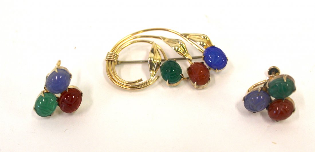 14K Gold Scarab Pin and Earrings Set (1 of 3)