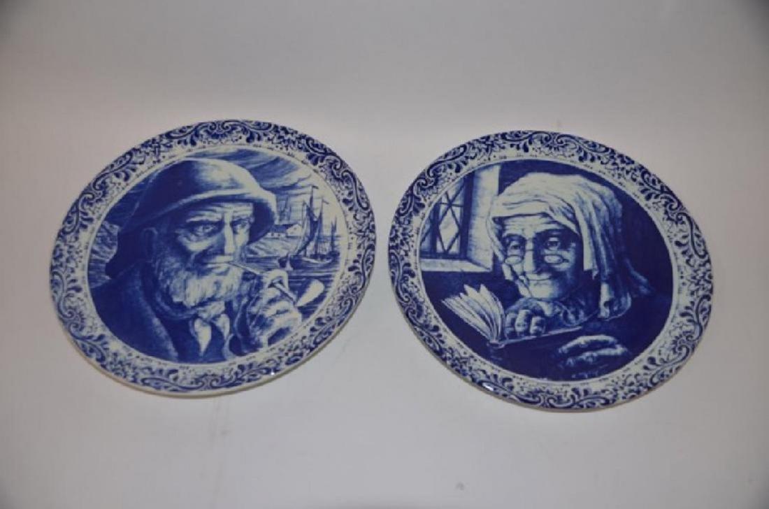 Pr. Boch Freres Delft Blue and White Plates: Pr. Boch Freres Delft La Louvierre blue and white plates Fisherman and a woman reading a book 9"D