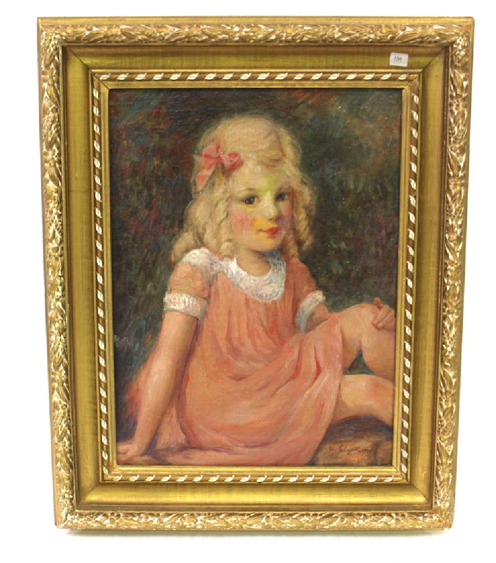 William Glackens. Portrait. Signed: Oil on board, portrait of a young girl. Signed L. R. W. Glackens. 20"H. x 15 1/2"W.