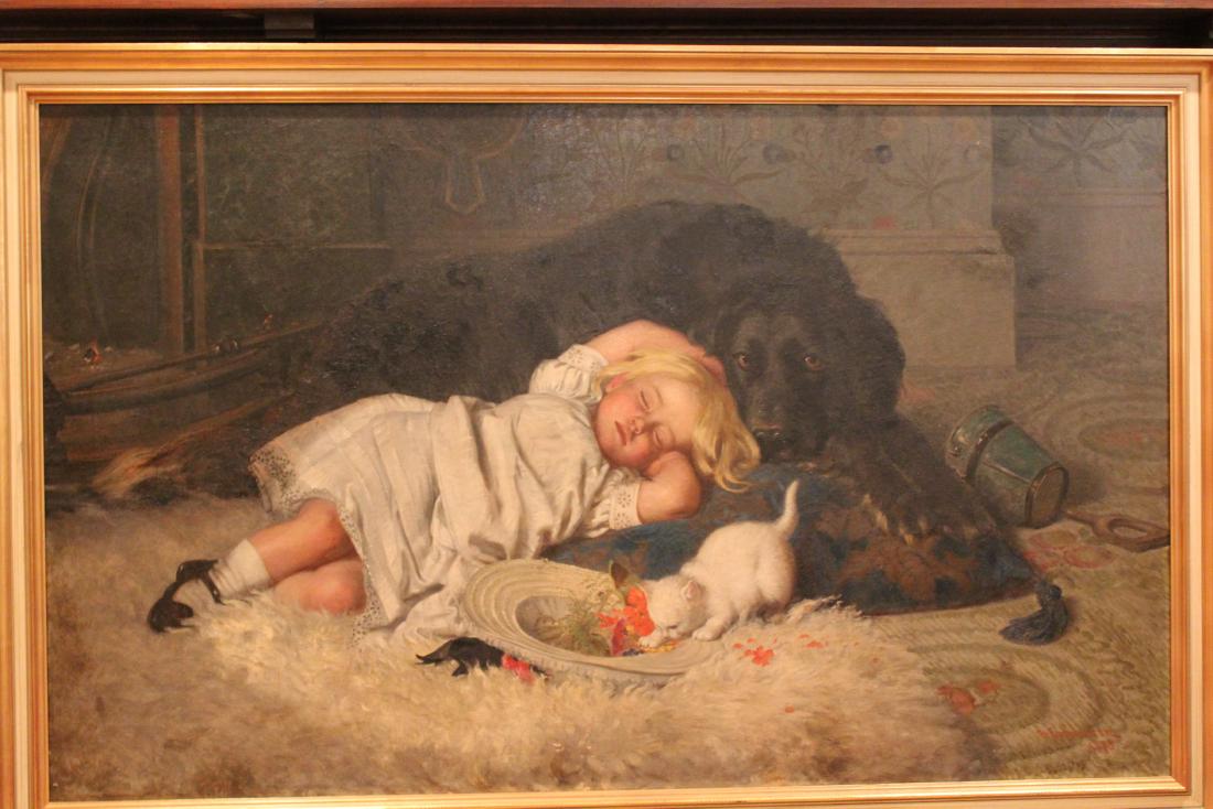 H. Emmerson. Oil. Young Girl with Cat & Dog. Sgd.: Henry Hetherington Emmerson. . Oil on canvas. ÊYoung girl with watchful dog and mischievous kitten. Sgd. L. R. H. Emerson and dated 1873. Emerson was a member of The Royal Academy of the Arts and exh