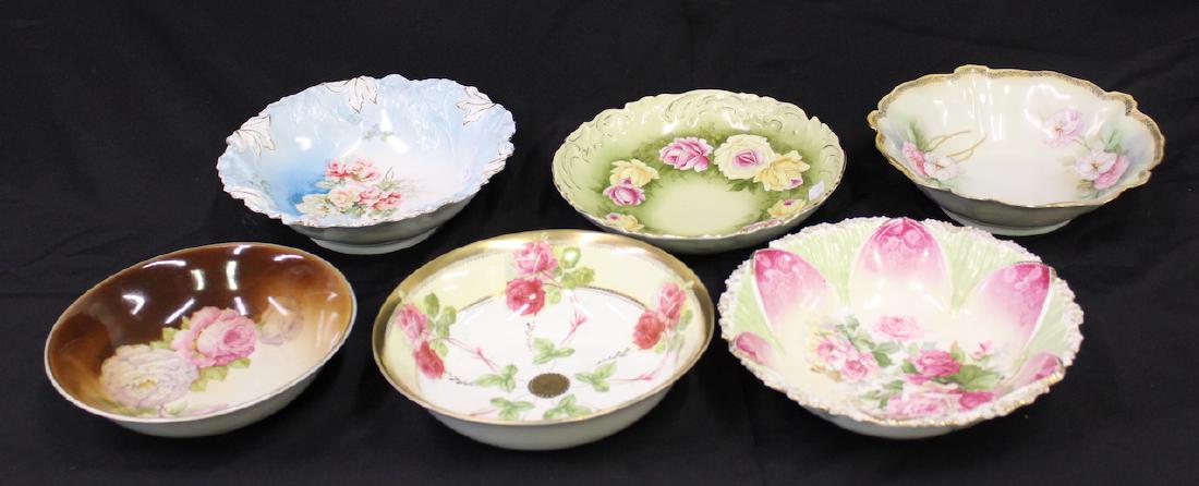 German, Prussia and Bavarian Bowls (6): All floral decorated, some unmarked in the R. S. Prussia style; all turn of the century; one marked R.S. Germany; one marked PT Germany; one marked Bavarian; one marked Old Ivory, Weimar, Germany. Six