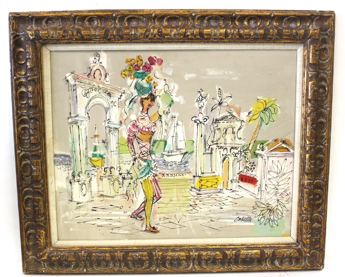 Charles Cobelle. Oil. Woman in Ancient Ruins. Sgd.: Oil. Woman with fruit atop her head in a landscape of ruins with a boat in the harbor in the background. Sgd. L.R. Cobelle. Gilt frame. 24"h. x 30"W
