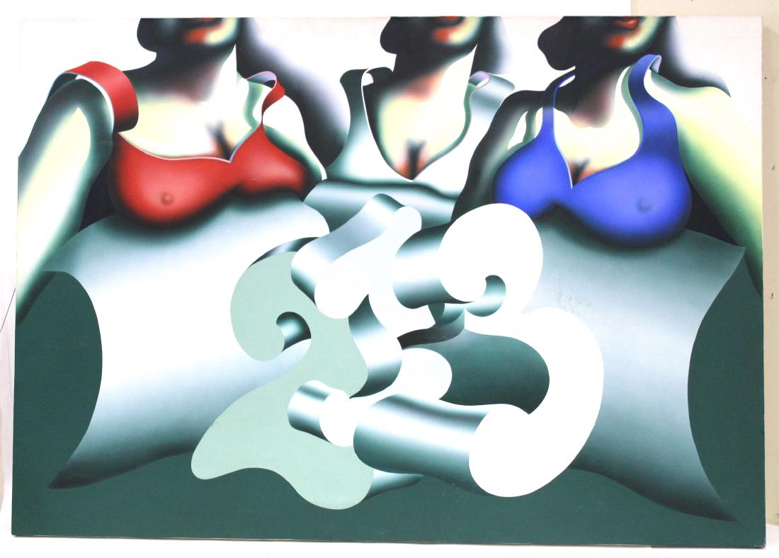 Jack Brusca. Oil. The Contest Sgd.: Mid-Century-Modern Abstract painting "The Contest" by listed artist Jack Brusca dated 1975. Girls of generous proportions , 1, 2, 3. Signed by the artist at the back. 42" x 60