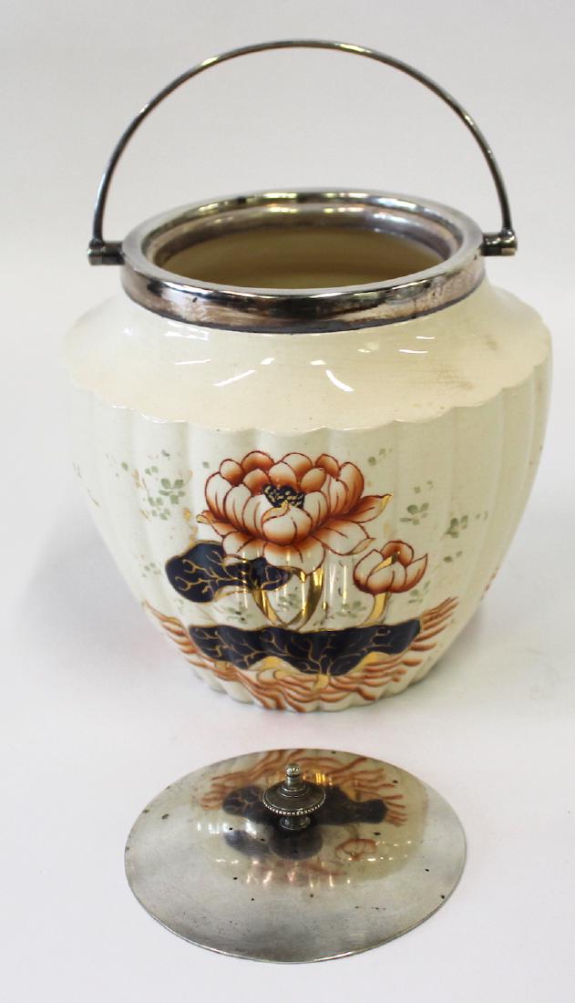 Victorian Turn of the Century Cookie Jar: Numbered 46. Silverplate lid, rim and handle. 6"H. x 6"W