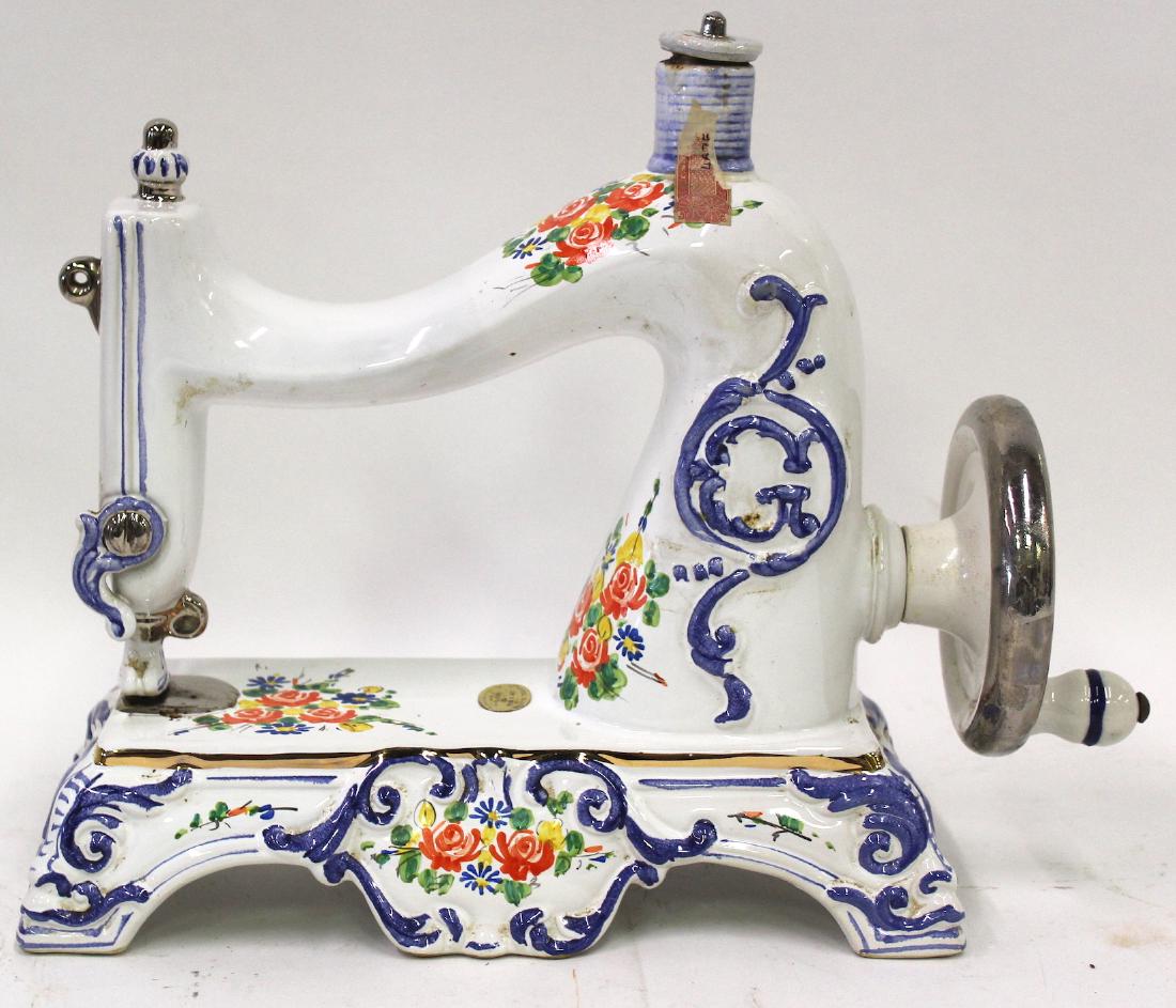 Sewing Machine Bottles Beautiful Decanter: Unopened bottle, Crème de Menthe, Bottom says Bottles Beautiful Sewing Machine by Cesare 1970 Made in Italy. Hand Painted. 10"H.