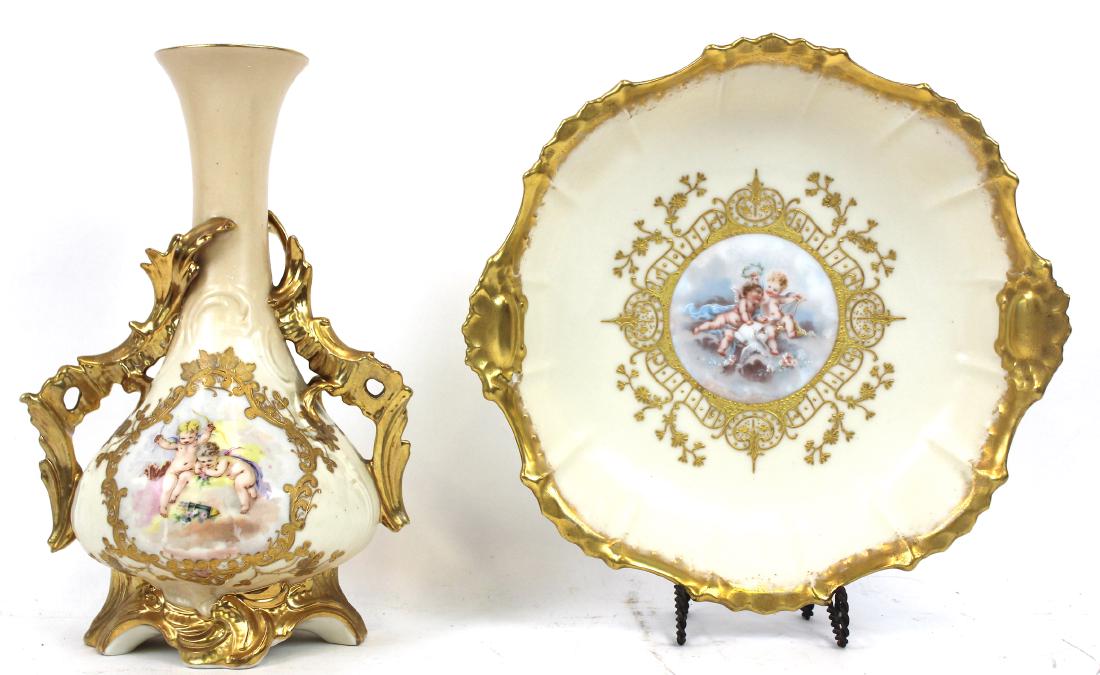 Limoges HP Gilded Bowl and HP Vase (1 of 4)