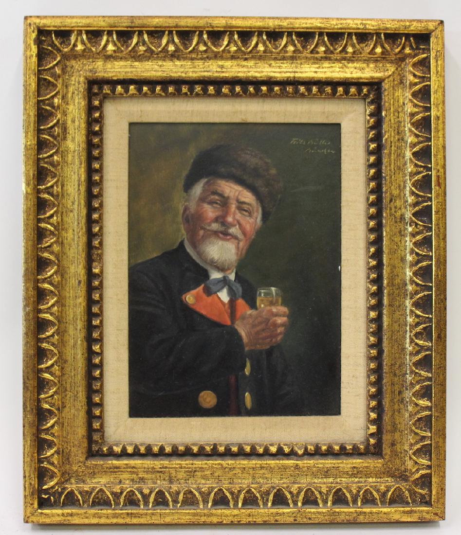 Fritz Muller. Oil. Gentleman w/Glass Sgd: Fritz Muller. (1913-1972) Oil on panel. Gentleman with glass. Signed Upper Right Fritz Muller. Munchen. Gilded framed. 9 1/2"H. x 7"W