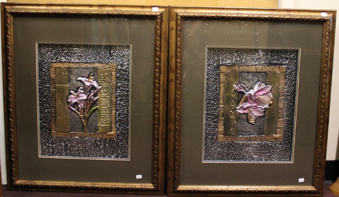 Arts and Crafts Framed Panels. Sgd.: Four Arts and Crafts hand hammered metal floral plaques sgd. Y. Hart. Represented are Amaryllis and Hemerocallis. Gallery matted and framed. 15 1/4"H. x 12 1/2"W (plaque size)
