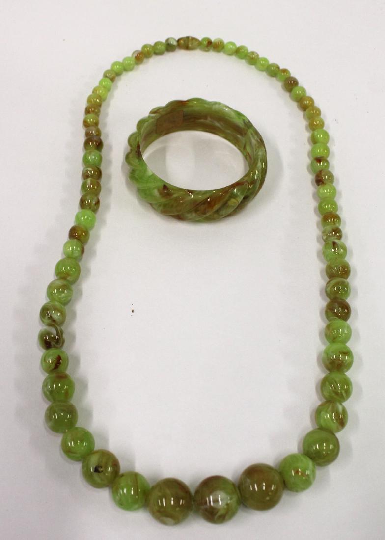 Art Deco "Agate" Like Necklace & Bangle: "Agate" like graduated "bead" necklace and bangle bracelet. Neclace 28"L