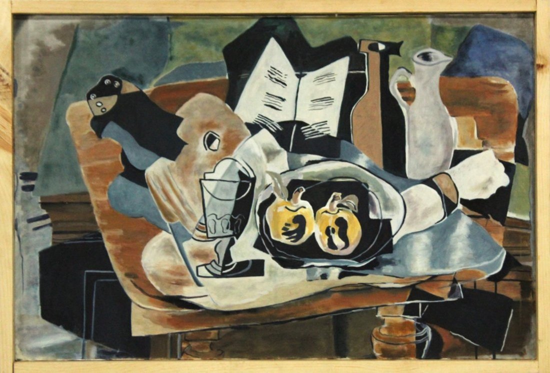 20thC. French Modernist Oil - Cubist Still Life: Oil on canvas. A Still Life - Cubistic Composition with Fruit and Table Objects; 20in. X 30in.