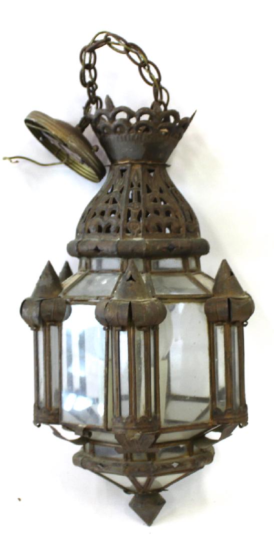 Arts and Crafts Hanging Fixture: Cast iron and beveled glass paneled Arts & Crafts hanging fixture. Original chain and ceiling cup. 21"H. (fixture itself) Chain to celing cup is 13" 34" hanging length.