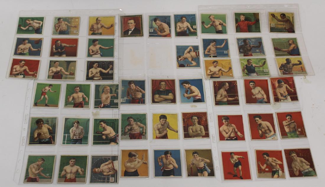 1910 Mecca/Hassan Boxing Cards (49): Lot of 49 1910 T218 Mecca and Hassan Cigarette, "Series of Champion Athletes and Priced Fighters", trading cards. Featuring many stars including but not limited to Jack Johnson, Joe Jeanette, Joe Gans