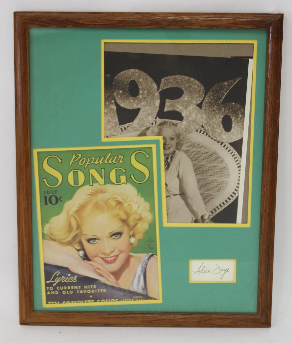 Alice Faye Framed 1936 Photo With Cut Signature: 1936 Photograph of Alice Faye framed with a 10 cent Popular Songs Lyric Sheet. With an ink signature of Alice Faye in the assemblage. Gallery matted and framed. Overall size. 22 x 18