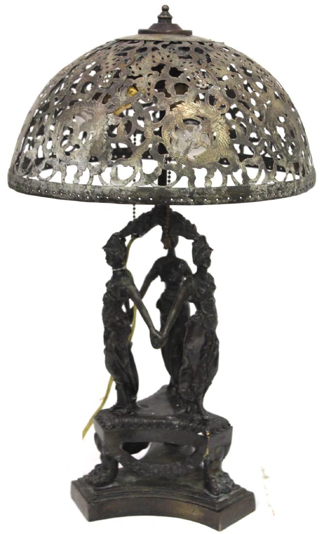 Unusual Figural Bronze Table Lamp. Pierced Shade (1 of 4)