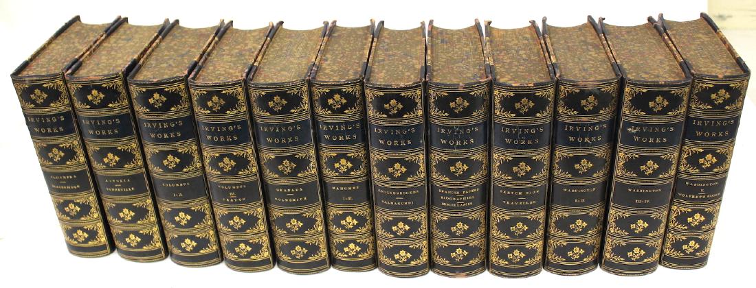 Works of Washington Irving. Putnam. 1882 12 vols.: The Works of Washington Irving. In Twelve Volumes. New York. G.P. Putnam's Sons 27 and 29 West 23D Street 1882. With engranved gilded leather spines and corner pcs. Marbleized covers and frontispieces