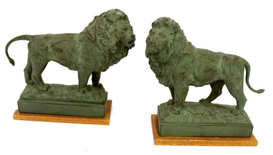 Pr. Bronze Lion Figural Bookends Sgd.: On stepped bases inc. a wooden platform. Sgd. AMR with a copyright mark. One dated '64Size 9"HX10"W