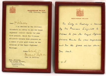 Buckingham Palace 1940's ALS (2): Both on Buckingham Palace Stationery, one dated Jan. 15th, 1948, the second Feb. 12, 1948, from Margaret Peymons, lady in Waiting to Princess Elizabeth, , both thank you notes upon the occasion of