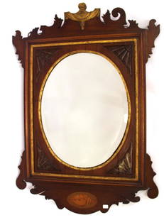 Victorian Walnut and Gilt Decorated Mirror: Fancy crest. Marquetried Embellishments inc. a shell inlay at the bottom. 32 1/2"H. x 23"W.