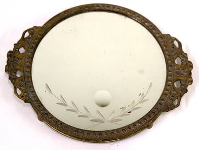 Victorian Dressing Table Mirror: With etched decorations to the mirror. Ornate double handled frame. 6"H. x 7 1/2"L.