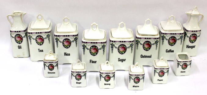 Schwarzburg German Cannister Set. (14 ): For Oatmeal, Rice, Nutmeg, Cloves, Ginger, Allspice, Pepper, Coffee, Sugar, Flour, Oil , Vinegar, Tea, Cinnamon , (Cloves and Oil missing lids) 4 1/2"H., 6 1/2"H and 9"H.