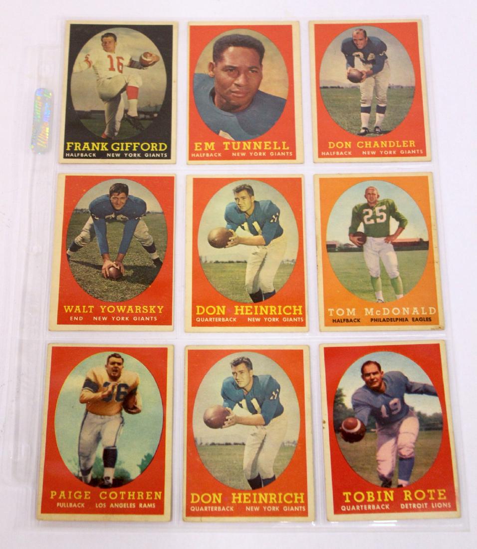 1958 Topps Football Cards inc. Gifford (9): Nine cards in the lot including Frank Gifford; Don Candler and EM Tunnell